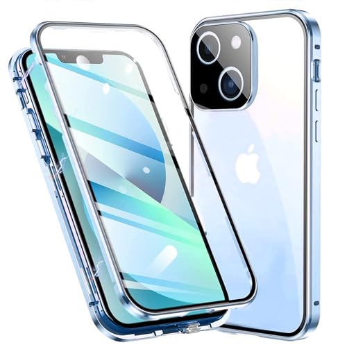 TOPF&B Handyhülle für iPhone 15 360 Grad Hülle,Magnetische Hülle mit Vorne hinten Gehärtetes Glas Transparent und Kameraschutz,iPhone 15 Hülle Magnetisch Metall Bumper Case,Blau von TOPF&B