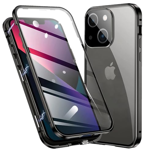 TOPF&B Handyhülle für iPhone 15 360 Grad Hülle,Magnetische Hülle mit Vorne hinten Gehärtetes Glas Transparent und Kameraschutz,iPhone 15 Hülle Magnetisch Metall Bumper Case,Schwarz von TOPF&B