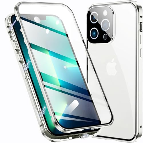 TOPF&B Handyhülle für iPhone 15 Pro Max 360 Grad Hülle,Magnetische Hülle mit Vorne hinten Gehärtetes Glas Transparent und Kameraschutz,iPhone 15 Pro Max Hülle Magnetisch Metall Bumper Case,Silber von TOPF&B