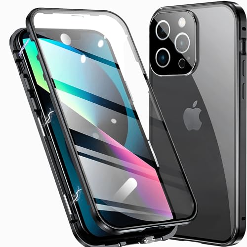 TOPF&B Handyhülle für iPhone 15 Pro Max 360 Grad Hülle,Magnetische Hülle mit Vorne hinten Gehärtetes Glas Transparent und Kameraschutz,iPhone 15 Pro Max Hülle Magnetisch Metall Bumper Case,Schwarz von TOPF&B