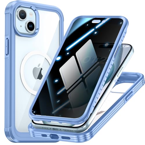 TOPF&B Hülle 360 Grad für iPhone 15 Plus Magnetische Handyhülle[Kompatibel MagSafe],iPhone 15 Plus Hülle mit Panzerglas Sichtschutz,Privacy Case Doppelseitig Gehärtetem Glas Schutzhülle,Blau von TOPF&B