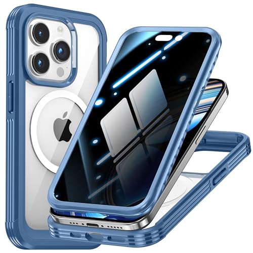 TOPF&B Hülle 360 Grad für iPhone 15 Pro Max Magnetische Handyhülle[Kompatibel MagSafe],iPhone 15 Pro Max Hülle mit Panzerglas Sichtschutz,Privacy Case Doppelseitig Gehärtetem Glas Schutzhülle,Blau von TOPF&B