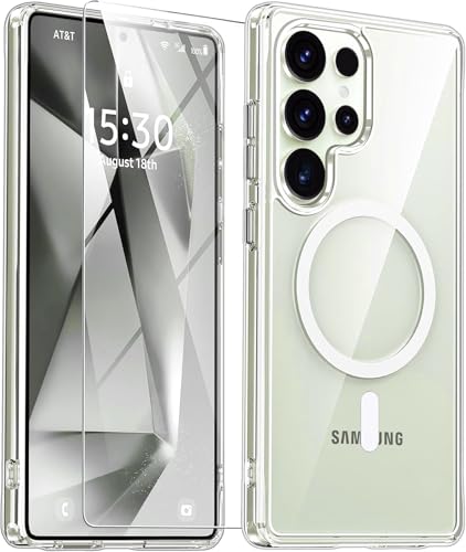 TOPF&B Magnetisch Hülle für Samsung Galaxy S25 Ultra mit 1 Stück Schutzfolie,Kompatibel mit MagSafe,Transparente[Nie Vergilbung]Klar Soft TPU Stoßfest Kratzfest Handyhülle für Samsung S25 Ultra,Clear von TOPF&B