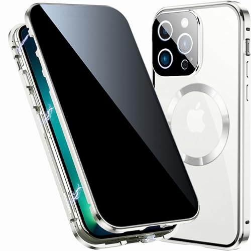 TOPF&B Magnetisch Hülle für iPhone 15 Pro Max,Kompatibel MagSafe,Panzerglas Sichtschutz,Magnetische Metall Bumper,Kameraschutz,Handyhülle 360 Grad für iPhone 15 Pro Max,Silber von TOPF&B