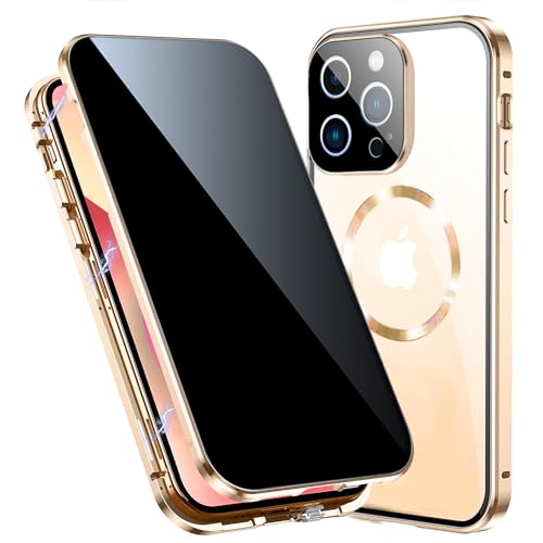 TOPF&B Magnetische Schutzhülle für iPhone 14 Pro Max, 360-Grad-Vollabdeckung, integrierter Sichtschutz und Kameraschutz [kompatibel mit MagSafe], Stoßfängerhülle aus Metall für iPhone 14 Pro Max, Glod von TOPF&B