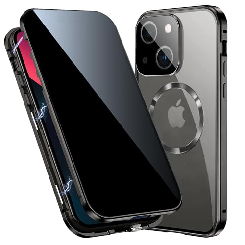 TOPF&B Magnetische Schutzhülle für iPhone 15, 360-Grad-Rundumschutz, integrierter Sichtschutz und Kameraschutz [kompatibel mit MagSafe], Stoßfängerhülle aus Metall für iPhone 15, Schwarz von TOPF&B