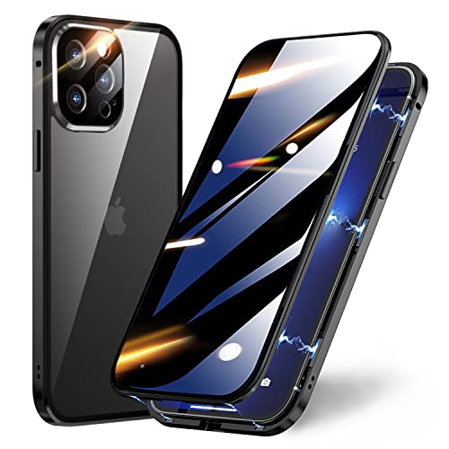 TOPF&B für iPhone 13 Pro Max 360 Grad Hülle,Handyhülle Sichtschutz iPhone 13 Pro Max mit Panzerglas Sichtschutz und Kameraschutz,iPhone 13 Pro Max Hülle Magnetisch Metall Bumper Case,Schwarz von TOPF&B