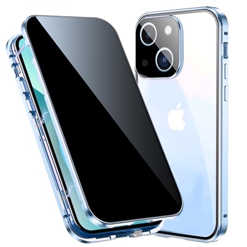 TOPF&B für iPhone 15 Hülle mit Panzerglas Sichtschutz,Handyhülle iPhone 15 360 Grad mit Privacy Gehärtetes Glas und Kameraschutz,Magnetische Stoßfeste Schutzhülle Metall Bumper Case,Blau von TOPF&B