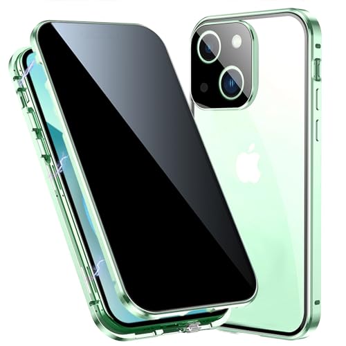 TOPF&B für iPhone 15 Hülle mit Panzerglas Sichtschutz,Handyhülle iPhone 15 360 Grad mit Privacy Gehärtetes Glas und Kameraschutz,Magnetische Stoßfeste Schutzhülle Metall Bumper Case,Grün von TOPF&B