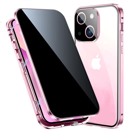 TOPF&B für iPhone 15 Hülle mit Panzerglas Sichtschutz,Handyhülle iPhone 15 360 Grad mit Privacy Gehärtetes Glas und Kameraschutz,Magnetische Stoßfeste Schutzhülle Metall Bumper Case,Rosa von TOPF&B