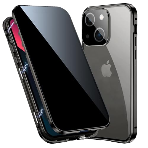 TOPF&B für iPhone 15 Hülle mit Panzerglas Sichtschutz,Handyhülle iPhone 15 360 Grad mit Privacy Gehärtetes Glas und Kameraschutz,Magnetische Stoßfeste Schutzhülle Metall Bumper Case,Schwarz von TOPF&B