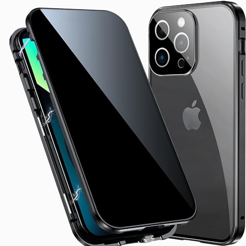 TOPF&B für iPhone 15 Pro Max Hülle mit Panzerglas Sichtschutz,Handyhülle iPhone 15 Pro Max 360 Grad mit Privacy Gehärtetes Glas und Kameraschutz,Magnetische Schutzhülle Metall Bumper Case,Schwarz von TOPF&B