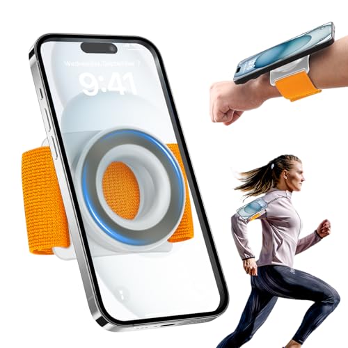 TOPGO Laufende Handyhalterung für iPhone [360° drehbar & Upgrade Anti-Drop] Magnetische Handgelenk-Handyhalterung, Magsafe Armband kompatibel mit iPhone 16 Pro und Android - Orange von TOPGO