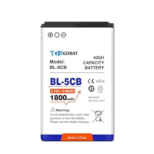 TOPGOBA BL-5CB Akku,1800mAh Akku mit hoher Kapazität kompatibel für Nokia 100,101,103,111,113,1280,1616,1800,C1–01,C1–02,C2–01,C2–02,C2–03,C2–06,X2–01,X2–05 (ohne Displayputztuch) TOPGOBA BL-5CB Akku,1800mAh Akku mit hoher Kapazität kompatibel für Nokia 100,101,103,111,113,1280,1616,1800,C1–01,C1–02,C2–01,C2–02,C2–03,C2–06,X2–01,X2–05 (ohne Displayputztuch) von TOPGOBAT