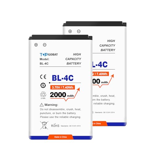 TOPGOBAT 2Pcs BL-4C Akku, 2000mAh Akku mit hoher Kapazität, kompatibel für Nokia 6088 6100 6101 6102 6102I 6103 6103B 6125 6126 6130 6131 6133 6136 6170 6230I 6260 6300 TOPGOBAT 2Pcs BL-4C Akku, 2000mAh Akku mit hoher Kapazität, kompatibel für Nokia 6088 6100 6101 6102 6102I 6103 6103B 6125 6126 6130 6131 6133 6136 6170 6230I 6260 6300 von TOPGOBAT
