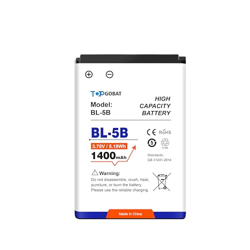 TOPGOBAT BL-5B Akku,1400mAh Wiederaufladbarer Handy-Akku mit hoher Kapazität Geeignet für Nokia 3200 5070 5140 5200 5300 5500 6021 6060 6120 6124 7260 TOPGOBAT BL-5B Akku,1400mAh Wiederaufladbarer Handy-Akku mit hoher Kapazität Geeignet für Nokia 3200 5070 5140 5200 5300 5500 6021 6060 6120 6124 7260 von TOPGOBAT