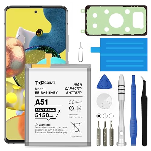 TOPGOBAT Ersatz für Samsung Galaxy A51 Akku, 5150mAh Akku mit hoher Kapazität, kompatibel mit Samsung Galaxy A51 Modell (SM-A515F SM-A515F/DS) mit Ersatz-Tool-Kits, EB-BA515ABY von TOPGOBAT