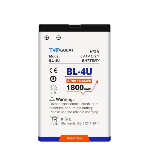 TOPGOBAT Ersatz für BL-4U Akku,1800mAh Hohe Kapazität Kompatibel mit BL-4U Modell (Mit Nokia 301, 3120C, 500, 515, 5250, 5330, 5530, 6600, 8800, C5, E75, Asha 210) TOPGOBAT Ersatz für BL-4U Akku,1800mAh Hohe Kapazität Kompatibel mit BL-4U Modell (Mit Nokia 301, 3120C, 500, 515, 5250, 5330, 5530, 6600, 8800, C5, E75, Asha 210) von TOPGOBAT