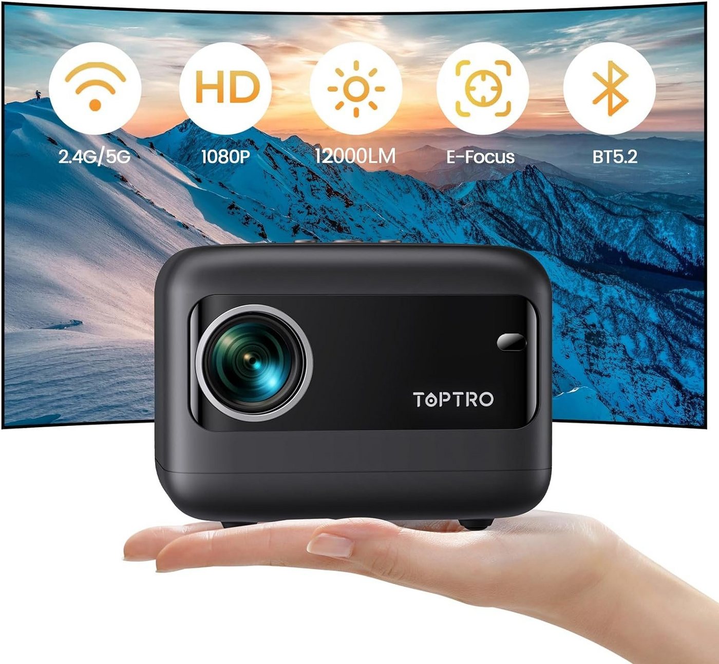 TOPTRO 5G WiFi Bluetooth Mini Heimkino Portabler Projektor (12000 lm, 12000:1, 1920x1080 px, mit Elektrischer Fokus Kompatibel mit TV Stick/Laptop/iOS/Android/PS4) von TOPTRO