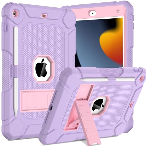 TOPWANT Schutzhülle für iPad 9. / 8. / 7. Generation (10,2 Zoll, 2021/2020/2019), stoßfeste Schutzhülle für iPad 10.2, mit integriertem Ständer/Stifthalter, Hellviolett + Rosa von TOPWANT