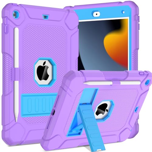 TOPWANT Schutzhülle für iPad 9. / 8. / 7. Generation (10,2 Zoll, 2021/2020/2019), stoßfeste Schutzhülle für iPad 10.2, mit integriertem Ständer/Stifthalter, Lila + Blau von TOPWANT