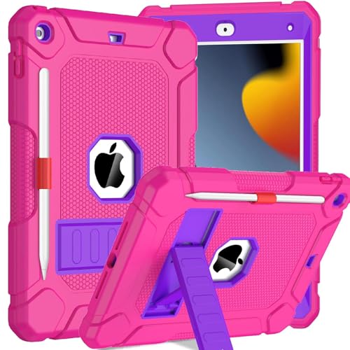 TOPWANT Schutzhülle für iPad 9. 8. 7. Generation (10,2 Zoll, 2021/2020/2019), stoßfeste Schutzhülle für iPad 10.2, mit integriertem Ständer/Stifthalter, Rose + Lila von TOPWANT