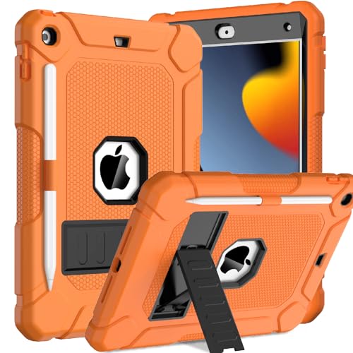TOPWANT Schutzhülle für iPad 9. 8. 7. Generation (10,2 Zoll, 2021/2020/2019), stoßfeste Schutzhülle für iPad 10.2 mit integriertem Ständer/Stifthalter, Orange + Schwarz von TOPWANT