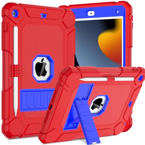 TOPWANT Schutzhülle für iPad 9. 8. 7. Generation (10,2 Zoll, 2021/2020/2019), stoßfeste Schutzhülle für iPad 10.2 mit integriertem Ständer/Stifthalter, Rot + Blau von TOPWANT