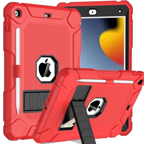 TOPWANT Schutzhülle für iPad 9. 8. 7. Generation (10,2 Zoll, 2021/2020/2019), stoßfeste Schutzhülle für iPad 10.2 mit integriertem Ständer/Stifthalter, Rot + Schwarz von TOPWANT