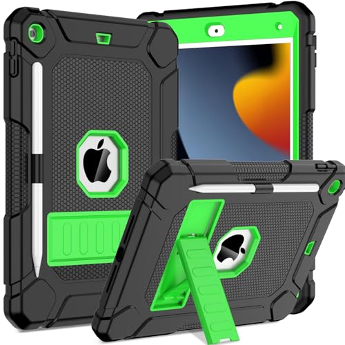 TOPWANT Schutzhülle für iPad 9. 8. 7. Generation (10,2 Zoll, 2021/2020/2019), stoßfeste Schutzhülle für iPad 10.2 mit integriertem Ständer/Stifthalter, Schwarz + Grün von TOPWANT