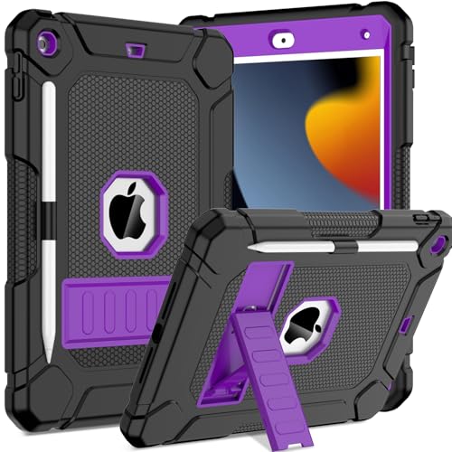 TOPWANT Schutzhülle für iPad 9. 8. 7. Generation (10,2 Zoll, 2021/2020/2019), stoßfeste Schutzhülle für iPad 10.2 mit integriertem Ständer/Stifthalter, Schwarz + Lila von TOPWANT