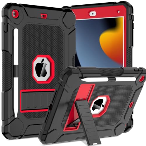 TOPWANT Schutzhülle für iPad 9. 8. 7. Generation (10,2 Zoll, 2021/2020/2019), stoßfeste Schutzhülle für iPad 10.2 mit integriertem Ständer/Stifthalter, Schwarz + Rot von TOPWANT