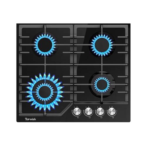 TOPWISH Gaskochfeld 4 flammig,Einbau Gaskochfeld 60cm, Gaskochfelder mit Italienischer SABAF-Brenner,Glasherd mit Gusseisernen Stützen,NG/LPG Konvertierbar,Automatischer Thermoelementschutz,8000 Watt von TOPWISH