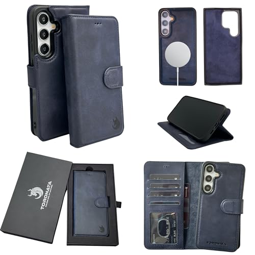 TORONATA Nevada Schutzhülle für Samsung Galaxy S24 – S24 Lederhülle – Luxus S24 Wallet Case mit Kickstand Design Kartenfächer – Handgefertigte Anti-Kratz-RFID-Leder-Brieftasche (Dunkelblau) von TORONATA