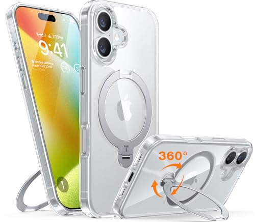 TORRAS 360° Ostand Spin für iPhone 16 Hülle (Magnetischer Robust Ständer) Zertifizierte Militärschutz, MagSafe Kompatibel, Stabil für Video/Office Diamant-Klar Anti-Vergilbung Transparent von TORRAS