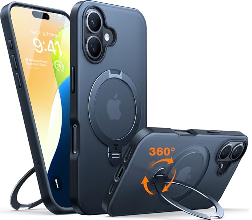 TORRAS 360° Ostand Spin für iPhone 16 Hülle (Magnetischer Robust Ständer) Zertifizierte Militärschutz, MagSafe Kompatibel, Stabil für Video/Office Matt Rückseite Handyhülle Schlank Schwarz von TORRAS