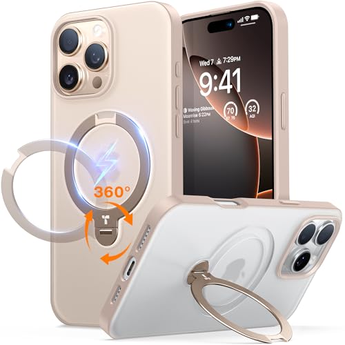 TORRAS 360° Ostand Spin für iPhone 16 Pro Hülle (Magnetischer Robust Ständer) Zertifizierte Militärschutz, MagSafe Kompatibel, Stabil für Video/Office Matt Rückseite Handyhülle Schlank Gold von TORRAS
