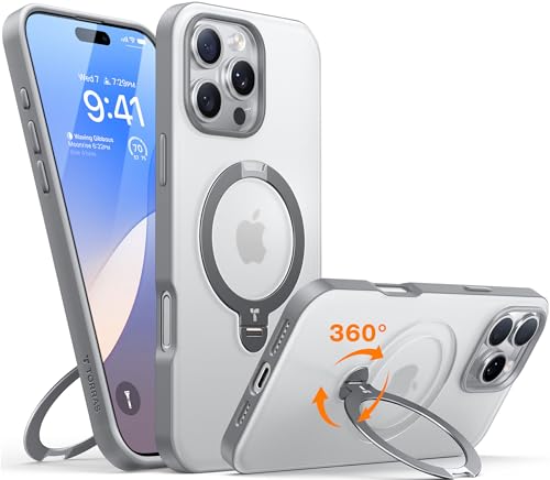 TORRAS 360° Ostand Spin für iPhone 16 Pro Hülle (Magnetischer Robust Ständer) Zertifizierte Militärschutz, MagSafe Kompatibel, Stabil für Video/Office Matt Rückseite Handyhülle Schlank Grau von TORRAS