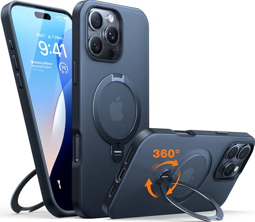 TORRAS 360° Ostand Spin für iPhone 16 Pro Hülle (Magnetischer Robust Ständer) Zertifizierte Militärschutz, MagSafe Kompatibel, Stabil für Video/Office Matt Rückseite Handyhülle Schlank Schwarz von TORRAS