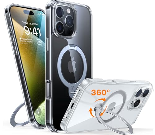 TORRAS 360° Ostand Spin für iPhone 16 Pro Max Hülle (Magnetischer Robust Ständer) Zertifizierte Militärschutz, MagSafe Kompatibel, Stabil für Video/Office Diamant-Klar Anti-Vergilbung Transparent von TORRAS