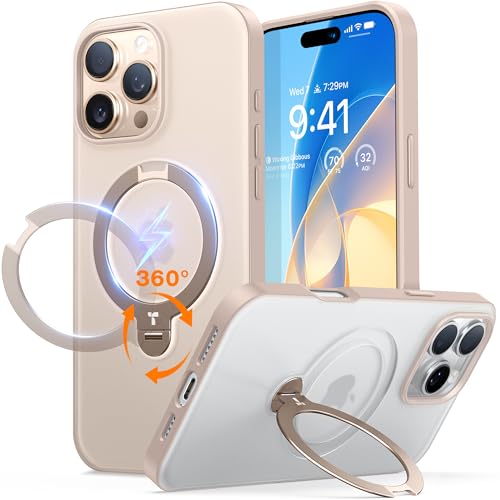 TORRAS 360° Ostand Spin für iPhone 16 Pro Max Hülle (Magnetischer Robust Ständer) Zertifizierte Militärschutz, MagSafe Kompatibel, Stabil für Video/Office Matt Rückseite Handyhülle Schlank Gold von TORRAS