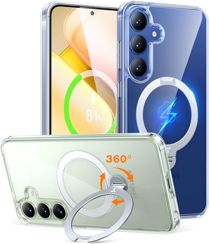 TORRAS 360° Ostand Spin für Samsung Galaxy S25 Hülle (Magnetischer Robust Standring) TOP Militärschutz Stoßfest Kratzfeste Diamant-Klar Anti-Vergilbung Handyhülle Samsung S25 Case Transparent von TORRAS