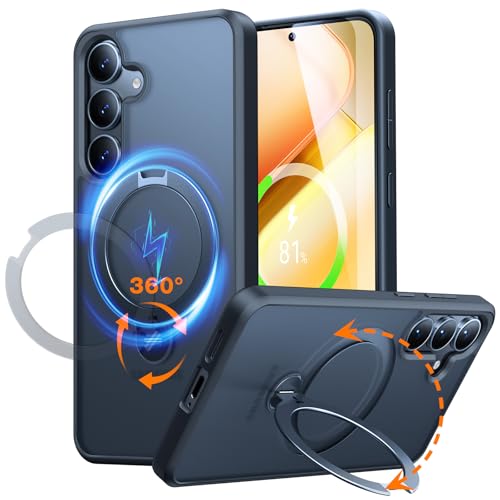 TORRAS 360° Ostand Spin für Samsung Galaxy S25 Hülle (Magnetischer Robust Standring) TOP Militärschutz Stoßfest Kratzfeste Matt Durchscheinende Rückseite Handyhülle Samsung S25 Case Schwarz von TORRAS
