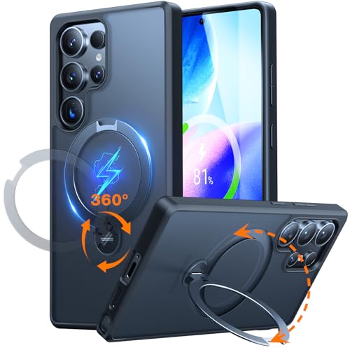 TORRAS 360° Ostand Spin für Samsung Galaxy S25 Ultra Hülle (Magnetischer Robust Standring) TOP Militärschutz Stoßfest Kratzfeste Matt Durchscheinende Rückseite Hülle Samsung S25 Ultra Case Schwarz von TORRAS