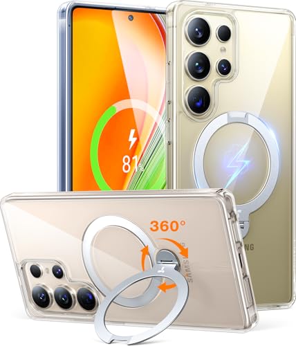 TORRAS 360° Ostand Spin für Samsung Galaxy S25 Ultra Hülle (Magnetischer Robust Standring) TOP Militärschutz Stoßfest Kratzfeste Diamant-Klar Anti-Vergilbung Hülle Samsung S25 Ultra Case Transparent von TORRAS