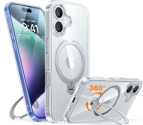TORRAS 360° Ostand Spin für iPhone 16 Plus Hülle für Magsafe (Magnetischer Robust Standring) Zertifizierte Militärschutz Diamant-Klar Anti-Vergilbung Hülle für iPhone 16 Plus Case Transparent von TORRAS