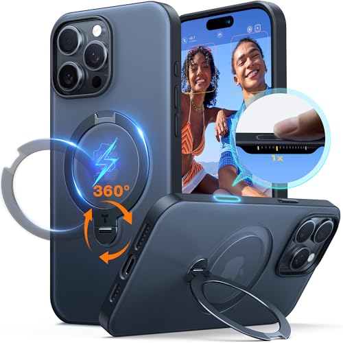 TORRAS 360° Ostand Spin für iPhone 16 Pro Hülle (Kamerasteuerung Taste) Magnetischer Robust Standring Zertifizierte Militärschutz, Matt Rückseite Case Schlank Schwarz von TORRAS