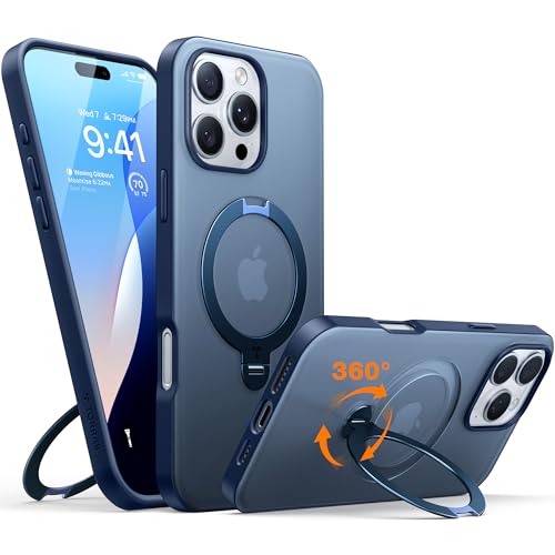 TORRAS 360° Ostand Spin für iPhone 16 Pro Hülle (Magnetischer Robust Ständer) Zertifizierte Militärschutz, MagSafe Kompatibel, Stabil für Video/Office Matt Rückseite Handyhülle Schlank Blau von TORRAS