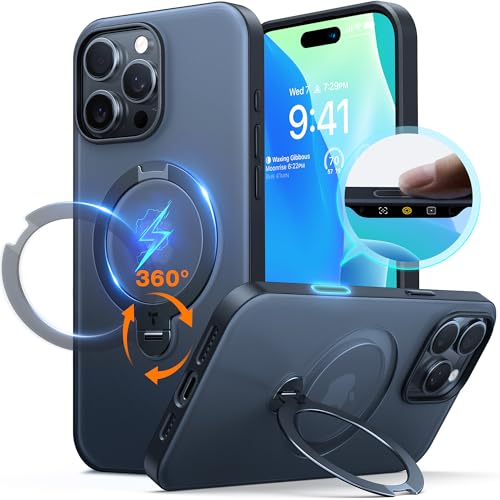 TORRAS 360° Ostand Spin für iPhone 16 Pro Max Hülle (Kamerasteuerung Taste) Magnetischer Robust Standring Zertifizierte Militärschutz, Matt Rückseite Case Schlank Schwarz von TORRAS