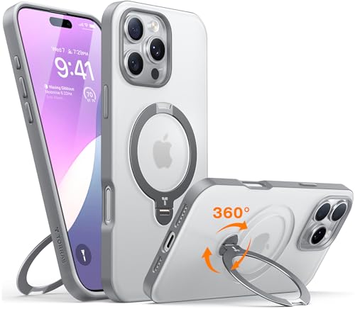 TORRAS 360° Ostand Spin für iPhone 16 Pro Max Hülle (Magnetischer Robust Ständer) Zertifizierte Militärschutz, MagSafe Kompatibel, Stabil für Video/Office Matt Rückseite Handyhülle Schlank Grau von TORRAS